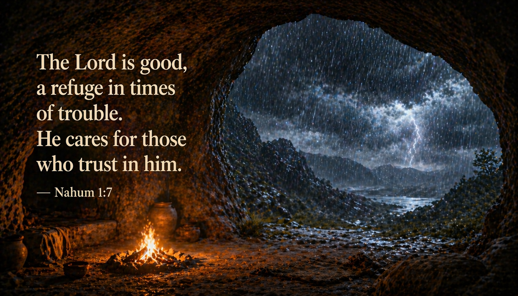 Nahum 1:7 Bible verse wallpaper cave entrance looking out at rainstorm with warm fire inside - the Lord is good a refuge